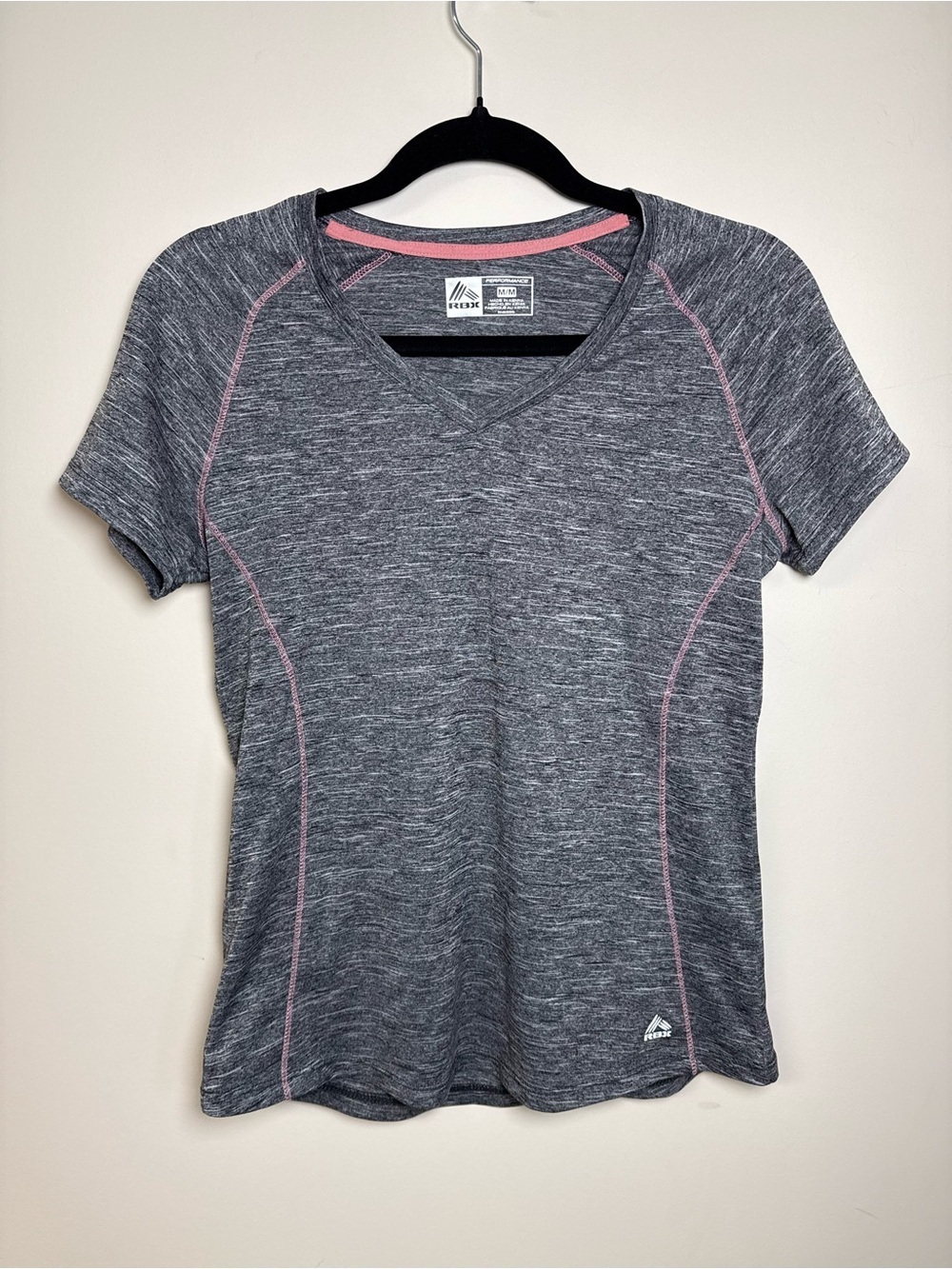 RBX Gray Short Sleeve V-Neck Top with Pink Contrast Stitching